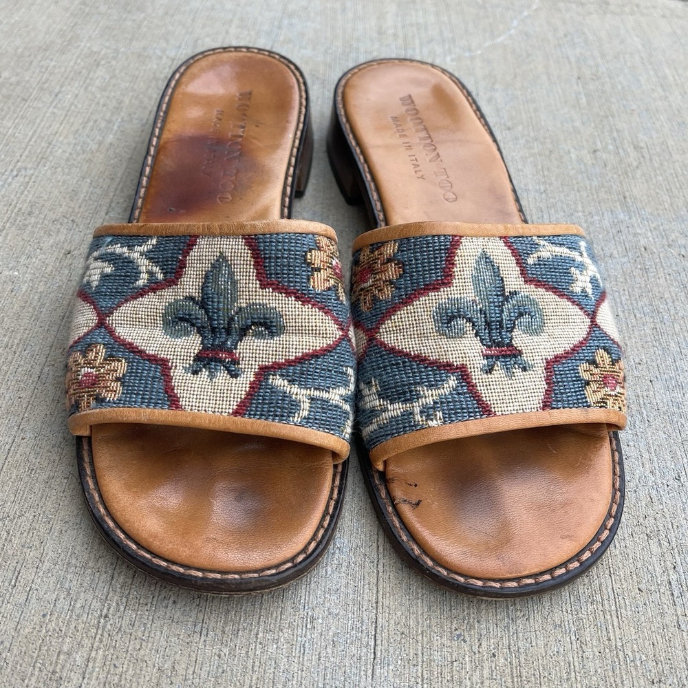 STUBBS & WOOTTON TOO FLEUR DE LIS TAPESTRY OPEN LOW HEEL SLIDE SANDAL 7.5 ITALY